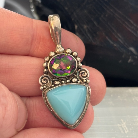 Sterling Silver 925 Mystic Topaz & Blue Chalcedony Pendant – Boho Stateme - Picture 4 of 5